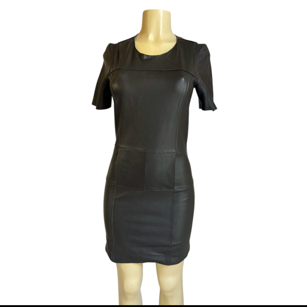 Tony Cohen Black 100% Real Leather Bodycon Mini Dress Women Size 2
